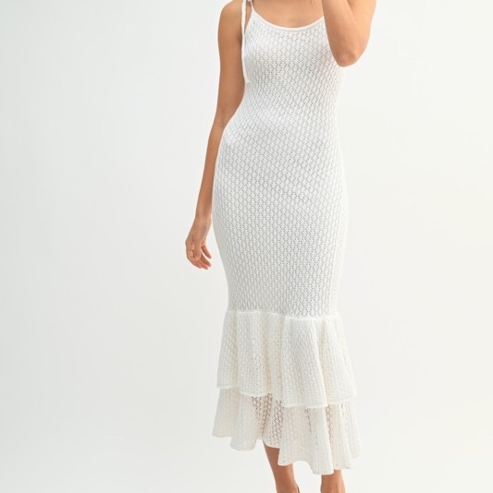 MABLE Sleeveless Shoulder Tie Rose Knit Midi Dress